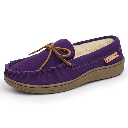Image of Alpine Swiss Sabine Womens Moccasin Slippers Genuine Suede House Shoe Memory Foam Insole Plush Faux Shearling Fur Indoor Outdoor Anti-Slip Rubber Sole