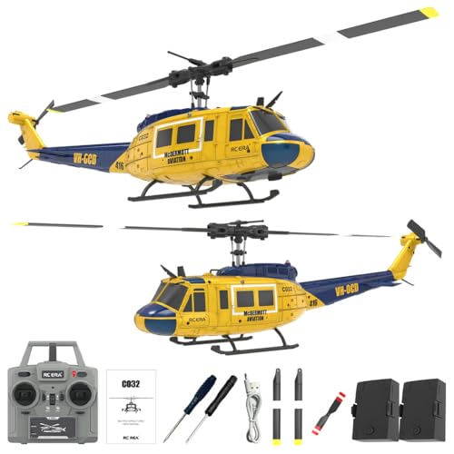 DrivesX RC ERA C032 UH-1 Huey RC Helicopter Toys for Adults, 1/48 Scale 2.4G 6CH Stabilized Aircraft 6-Axis Gyro Brushless Flybarless Helicopter for Adults Beginner - Yellow & Blue/2 Battery