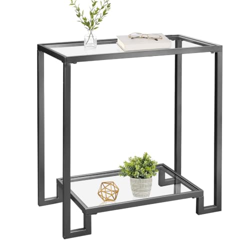 GIFTTROVE 2 Tier Rectangle Side Table, Black Metal End Table with Glass Top