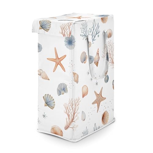 Image of Sweet Jojo Designs Laundry Hamper (Ocean Seashells) for Boys and Girls, Foldable Dirty Clothes Basket with Handles for Baby Nursery, Kids Bedroom, Teen Bathroom (Nautical, Beach Theme, Watercolor)