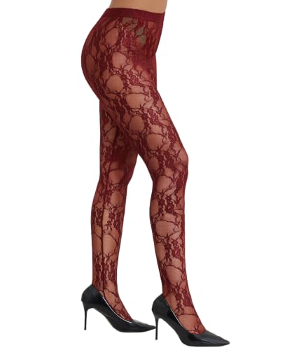 Image of RSLOVE High Waist Patterned Tights - Women's Lace Thigh High Pantyhose with Floral Sexy Tights for Women Red One Size