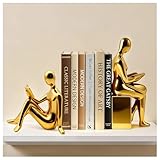Decorative Bookends Set, Ceramic Book Ends for Shelves, Home Office Aesthetic Book Stopper, Reading Book Holder Statues for Bookshelf Bedroom Living Room Decor (Gold)