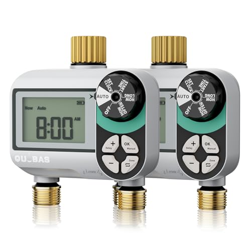 QUOBAS 2 Pack Sprinkler-Timer für Gartenschlauch, programmierbare Messing-Digital-Wasser-Timer mit Regenverzögerung/Auto/Manuell, 3 Modi, Tropfbewässerungssystem, Rasen, Pool, batteriebetrieben, 2