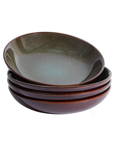 Image of Pokini 8.75 Inch Large Ceramic Pasta Bowls, 32 Oz Reactive Glaze Stoneware Pasta Serving Bowls Set of 4 for Kitchen, Wide Bowls for Fruit,Pasta,Salad,Soup, Scratch Resistant-Brown and Green