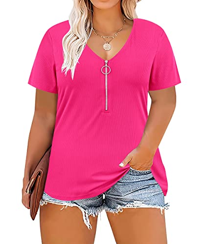 Tiyomi Women Plus Size Tops Zipper Adjustable Zip Short Sleeve V Neck Raglan Plain Solid Color Summer Sexy Cleavage Casual Loose Fit Tunic Tops Hot Pink Xl 14 16 Plus #TOP6