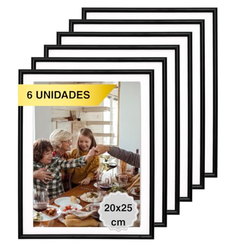 MARCOFOTO Set de 6 Marcos de Fotos 20x25 cm – Marcos de PVC Color Negro con Cristal – Para Laminas, Fotografias o Certificados – Ideal para Decoracion de Interiores