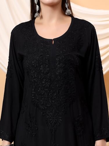 Image of POSHAK CHIKAN STUDIO Women's Hand Embroidered Lucknowi Chikankari Modal Straight Long Kurta, heer
