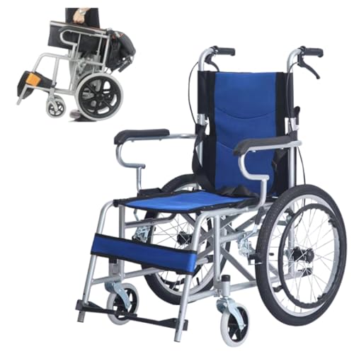 NYHGOXM 車いす 軽量 折りたたみ コンパクト アルミ製 介助ブレーキ付き 自走式 ノーパンクタイヤ 多機能 跳ね上げ式アームレスト 介護用品 おしゃれ ブルー (ブルー)