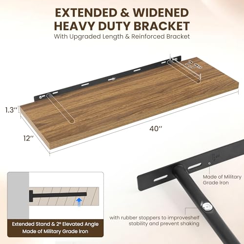 Image of Dreamland 40 inch Floating Shelves for Wall, 12 inch Deep Slim Walnut Floating Shelves, Wall-Mounted Shelves for Bedroom, Living Room, Kitchen, Bathroom - Set of 2