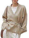 Verdusa Women's Drop Shoulder Long Sleeve Open Front Belted Wrap Cardigan Sweater Apricot L