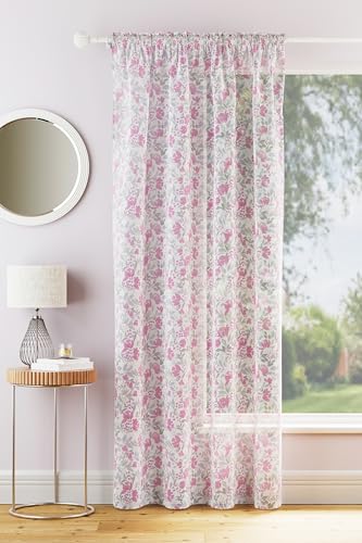 Maple Textiles Floral Blossom Sheer Voile Curtain Panel, Slot Top, 140 cm Width, Muslin/Linen Look Feel (Single, Pink, 48"(122cm) Drop)
