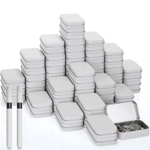 meekoo 162 Pcs Metal Small Tins with Lids Empty Rectangular Hinged Tins Storage Container Kit Includes 80 Tin Box 3.7 x 2.4 x 0.8 Home Organizers with Lid 80 Adhesive Tags 2 Black Pen(Milky White)