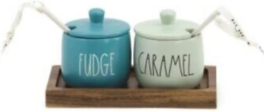 Rae Dunn Ceramic FUDGE and CARAMEL Ice Cream Bar set on wood tray with two Spoons, Mint green, teal blue