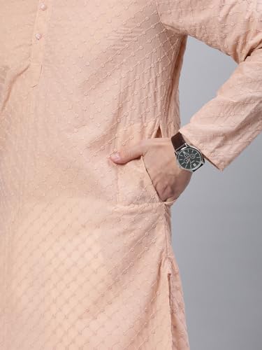 Image of Majestic Man Men's Cotton Blend Regular Fit Casual Polyester Mandarin Collar Ethnic Motifs Embroidered Long Regular Kurta