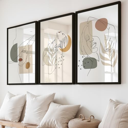 Image of NoWorries Minimalist line art wall Framed Painting Set of 3 | Abstract woman face Prints with Frame | Boho neutral wall decor modern gallery wall set | Scandinavian art prints feminine line drawing | Beige Aesthetic living room, bedroom and office decor contemporary wall art (Art-16, 21x31inch, Wooden)