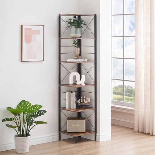 6-Tier Corner Shelf, Industrial Corner Bookshelf with Metal Frame, 71" Tall Corner Shelf Stand Display Rack, Corner Bookcase for Samll Space, Home Office, Living Room, Rustic Brown