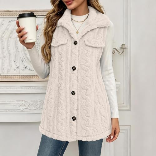 Womens Long Vest Jackets Fleece Fuzzy Sleeveless Button Down with Pockets - image 8