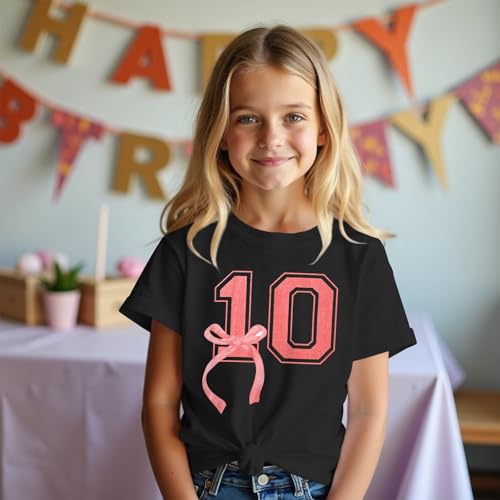Image of Girl Birthday Shirt 10th Birthday T-Shirt Bow 10 Year Old Bday Short Sleeve Tee Top Tenth Party Outfit