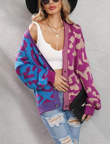 Image of TERIVEEK Leopard Cardigan for Women Oversized Color Block Checkered Sweater Button Front Long Sleeve Casual Knit Outwear