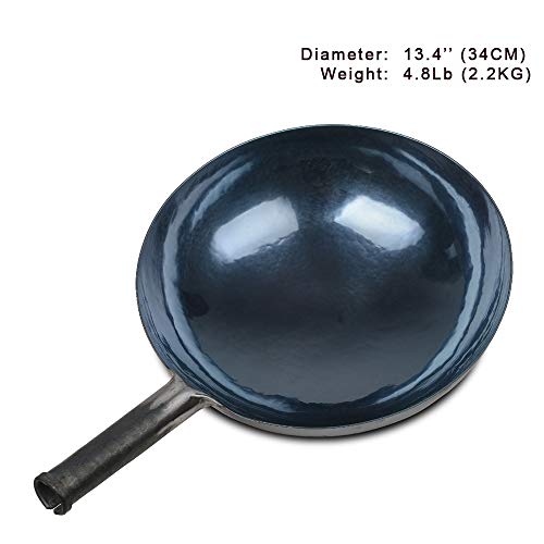 Zhensanhuan Chinese Hand Hammered Iron Woks And Stir Fry Pans, Non-Stick, No Coating, Less Oil, 章丘铁锅，Carbon Steel Pow (Seasoned 34Cm) #TOP1
