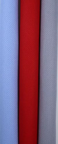 Image of KCS 3 pc of 15 inch x 18 inch(38cmx45cm) 14 Count Cross Stitch Cotton Aida Cloth Needlework Rolled Fabric Box,14CT,Light Blue+Red+Light Steel Grey