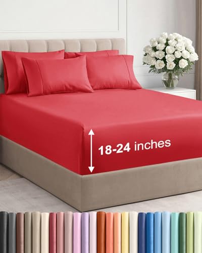 Extra Deep Queen Sheet Set - 6 Piece Breathable and Cooling Sheets - Hotel Luxury Bedding for Women, Men, Kids & Teens - Easy & Secure Fit - Soft, Wrinkle Free and Comfy w/ Extra Deep Pockets - Red