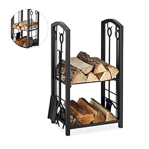 Relaxdays brandhoutrek met haardstel, met 2 planken, staal, haardgereeeschap, 4-delig, schep, bezem, tang & pook, zwart