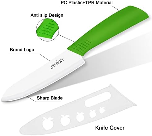 Jeslon Ceramic Knfe Set, 4 Piece Ceramic Knives White Blade 6inch Bread Knife, 6inch Chef Knife, 4inch Fruit Knife and One Peeler