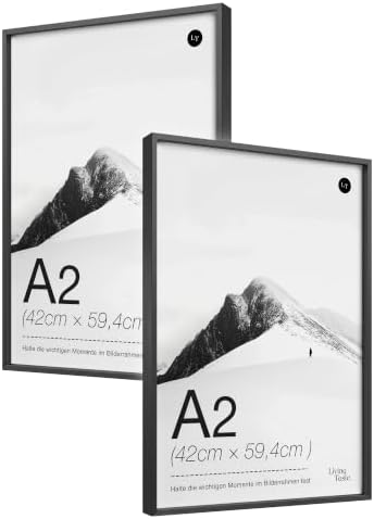 LIVINGTASTE 2 Stück Bilderrahmen A2 - Aluminium Schwarz Rahmen | gebürstet mit gehärtetem Glas fur 42x59.4 cm Fotos Fotorahmen für Poster und Wohnzimmer Kinderzimmer Deko Galerie
