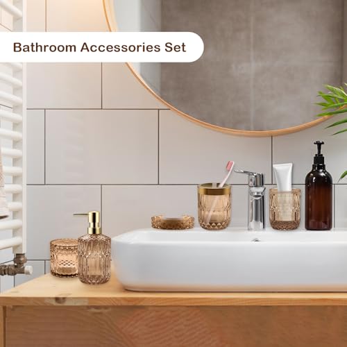 5Pcs Brown Bathroom Accessories Set, Glass Bathroom Accessories, Vintage Bathroom Countertop Decoration Includes Soap Dispenser, Toothbrush Holder, Qtip Holder,Soap Dish and Rinsing Cup by CDorigin - Image 6