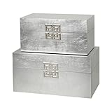 Elegant Decorative Storage Boxes with Hinged Lid - Classic Wooden Organizers with Geometric Clasp - Set of 2 for Home & Office (Foil Silver)
