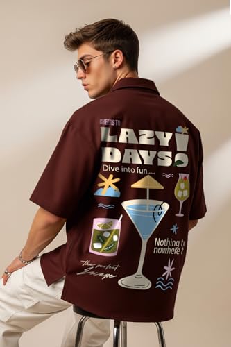 Image of Veirdo Mens Graphic Print Shirt | Comfortable Cotton Fabric | Oversized, Half Sleeve | Casual Wear
