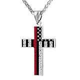 JUHIOPOI American Flag Red Line Cross Pendant Necklace For Mens Women Jewelry Religious Pendant Chain Necklace