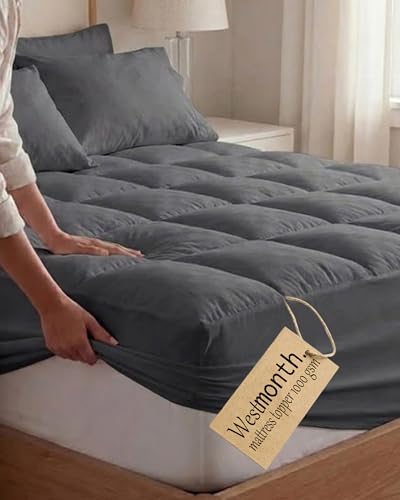 WestMonth Premium Quilted 1000GSM Luxury Extra Thick Mattress Topper with Deep Pocket (8-21) - Breathable & Fluffy Soft Cooling Bed Cover - Fits Standard Mattresses Perfectly (Gray Queen)