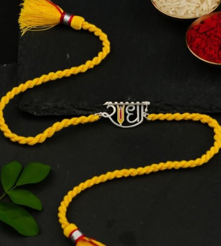 Image of Meenakari Heriatge Jewellery 925 Sterling Silver Morpankh (Peacock feather) Radha Krishna Rakhi Set For Men /Boys /women /Unisex With Roli Chawal, Rakshabandhan greeting Card and Authenticity certificate