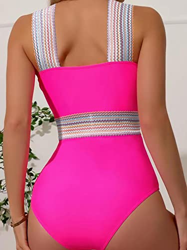Floerns Women's Striped Colorblock Criss Cross Monokini One Piece Swimsuit Hot Pink M #TOP1