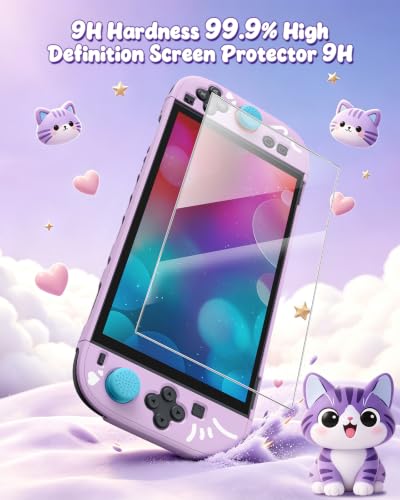 Image of Switch 2 Cute Case, FYOUNG Dockable Kawaii Cat Protective Cover Shell | Full Protection Accessories for Nintendo Switch 2 with Tempered Glass and Thumb Grips, PC Hard Case Anti-scratch Shockproof