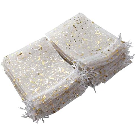 SUNGULF 100Pcs Sheer Drawstring Organza Bags Stars and Moon Wedding Party Favor Jewelry Candy Gift Pouches (5x7 inch, White) Cover