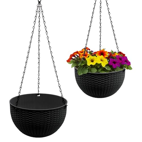 Blumenampel anthrazit in Rattan Optik 23 cm - 2er Set - Kunststoff Hängeampel mit Ablauf und Metallkette - Garten Deko Hänge Blumentopf Pflanztopf Pflanzschale Blumenschale Hängetopf Pflanzenhänger