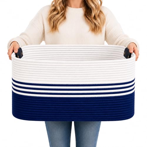 Laundry Hamper with Handles, 72L Rope Laundry Basket, Dark Blue & White