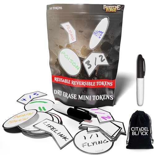 Fadestone Forge MTG Mini Dry Erase Token Set 50 Reusable Tokens - Includes Marker and 2pcs Erasers Reversible Reusable Double-Sided Universal Tokens Made for Magic: The Gathering