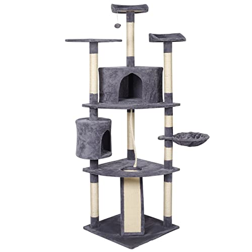 Katzenkratzbaum hellgrau mit Sisal 198cm Kratzbaum mit Kratzbrett, Hängematte und Katzenhäusern – Bild 3