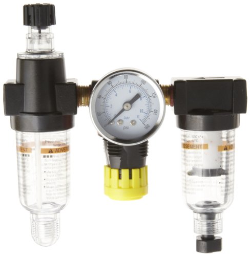 Parker 14A11B18F0GF Three-Unit Combo Compressed Air Filter/Regulator/Lubricator, 1/4" NPT, Polycarbonate Bowl , Manual Drain, 5 Micron, 13 scfm, Relieving Type, 2-125 psi Pressure Range, Gauge by Parker - Used condition - US$138.65