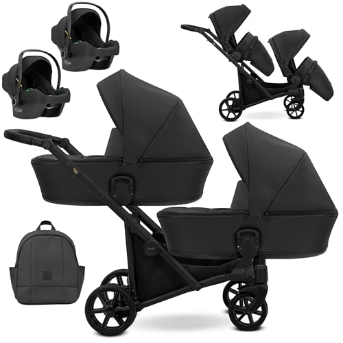 Cochecito gemelar Kunert Brav Duo BBtwin 3en1 polipiel carro doble trio eco-cuero tres piezas para gemelos (black)