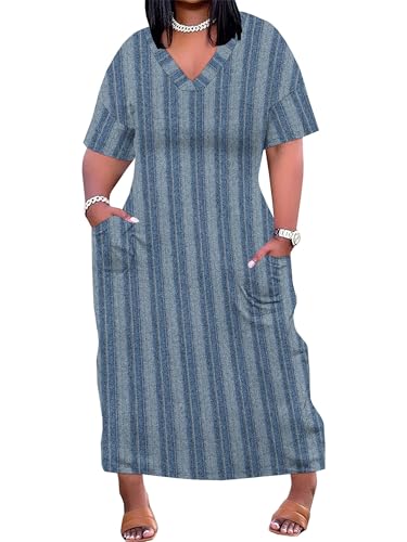 Image of SUZONANA Plus Size Denim Print Maxi Dresses for Women Casual V Neck Short Sleeve with Pockets Soft Jean Look Dress XL-6XL