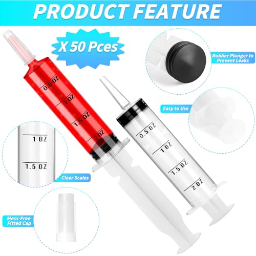 Image of 50 Pack 2 OZ Syringes with Catheter Tip and Cap Plastic Large Syringes for Liquids, Jello shot Party, Medicine Student, Oral, Scientific Labs, Measuring, Dispensing, Home Care