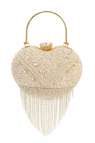Image of Luxury Silver Beaded Pearl Heart Clutch Bag with Handle & Chain for Women Party Wedding Evening Purse.