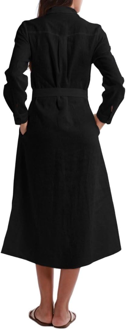 Amazhiyu Women's Pure Linen Long Sleeve Button Down Split Midi Dress with Belt - Image 2