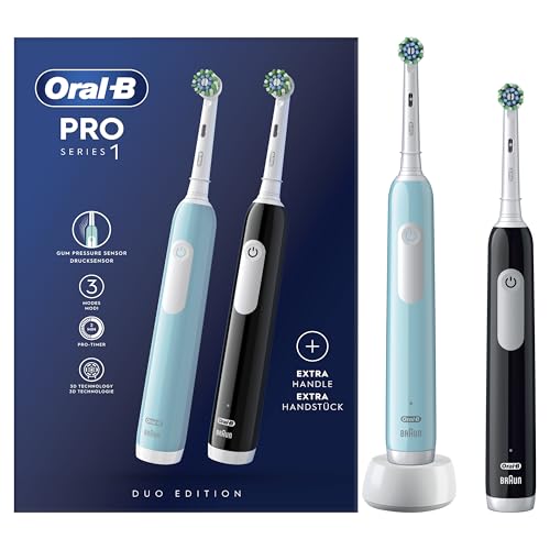 Oral-B Brosses A Dents Electriques Pro 1 Bleue Et Noire, 3 Modes De Nettoyage 3D Dont Douceur, Brossage Avec Des Oscillo-Rotations Et Pulsations, 2 Brossettes De Rechange Rondes Oral B, Chargeur
