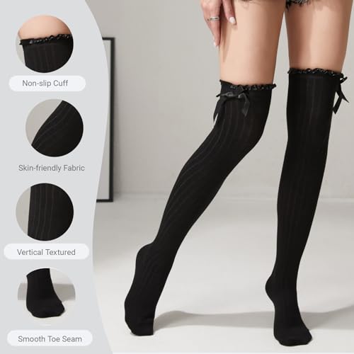 TOCONFFON Women's Girls Thigh High Stockings Over the Knee Socks with Satin Bows3
